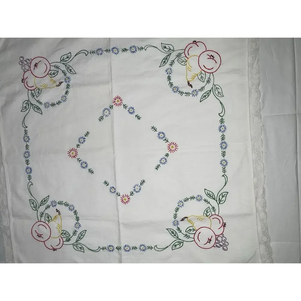 Vintage Hand Embroidered Linen Table Topper 25x25 Lace Fruit Floral cottagecore